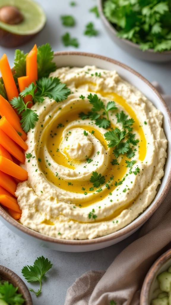 A bowl of coconut curry hummus swirled with olive oil and garnished with cilantro, served with carrot sticks.