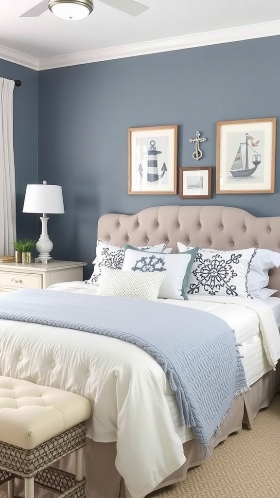 A cozy bedroom featuring blue-gray walls, white bedding, and nautical decor.