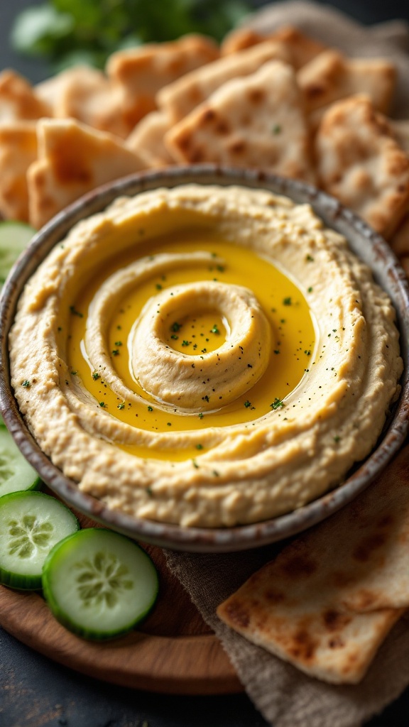 A bowl of smooth hummus drizzled with olive oil, garnished with herbs, alongside pita chips and cucumber slices.