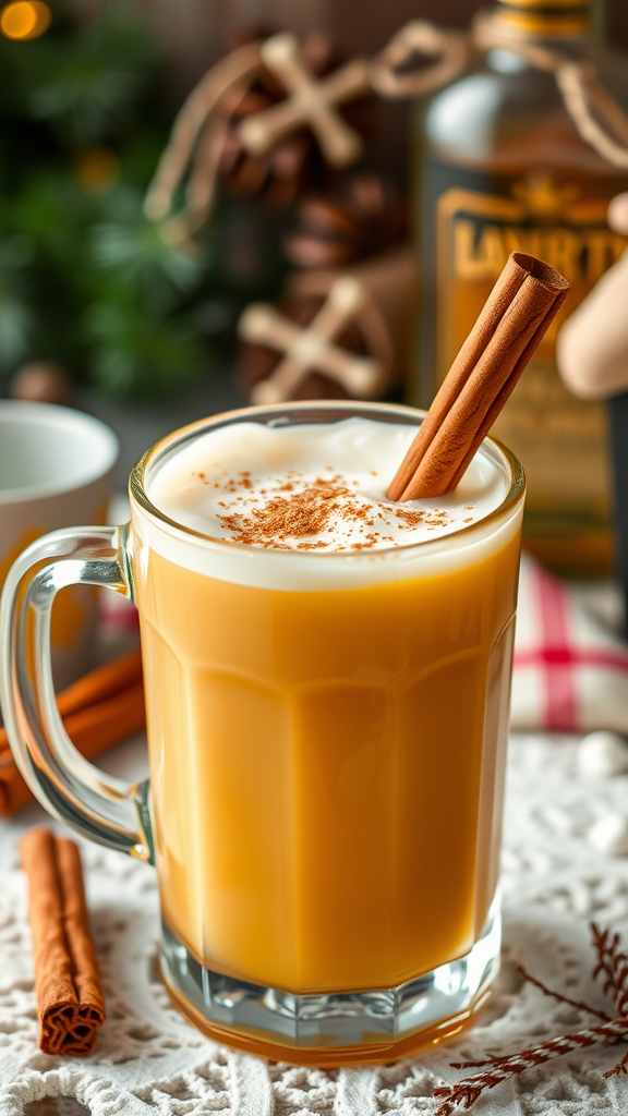 A glass of hot buttered rum with a cinnamon stick on top, surrounded by cozy decorations.