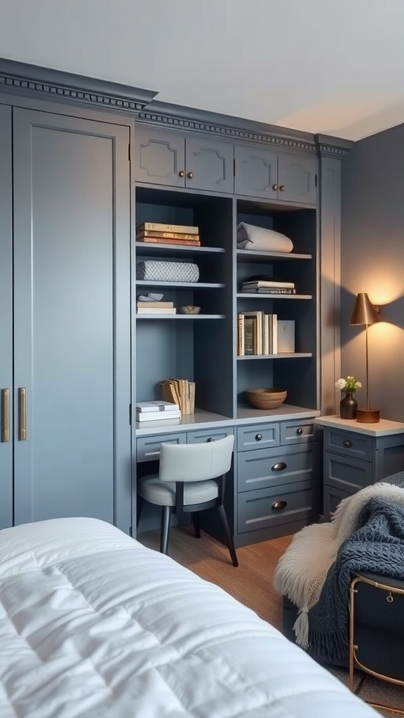 A stylish blue-gray storage solution featuring shelves, drawers, and a cozy workspace.