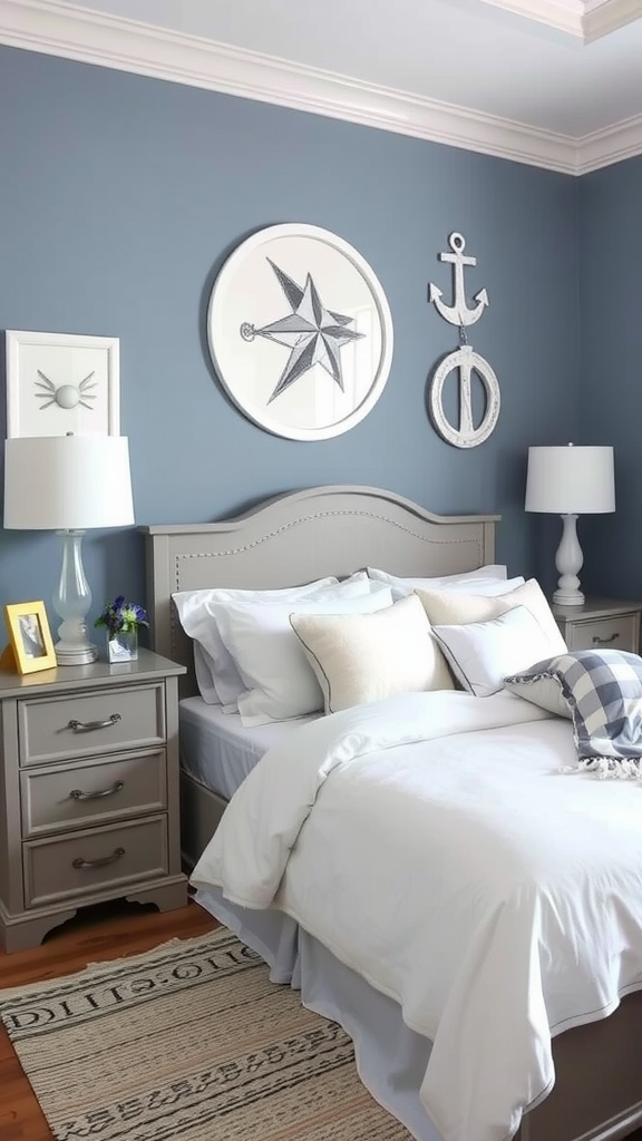 A cozy bedroom featuring blue gray walls, nautical decor, and a serene atmosphere.