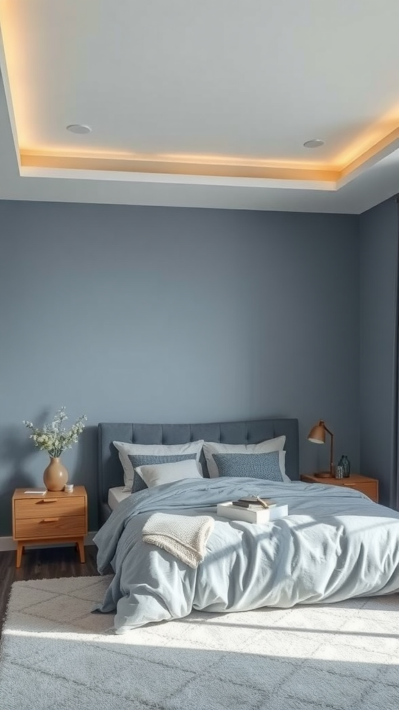 A serene bedroom with blue gray walls, soft bedding, and warm lighting.