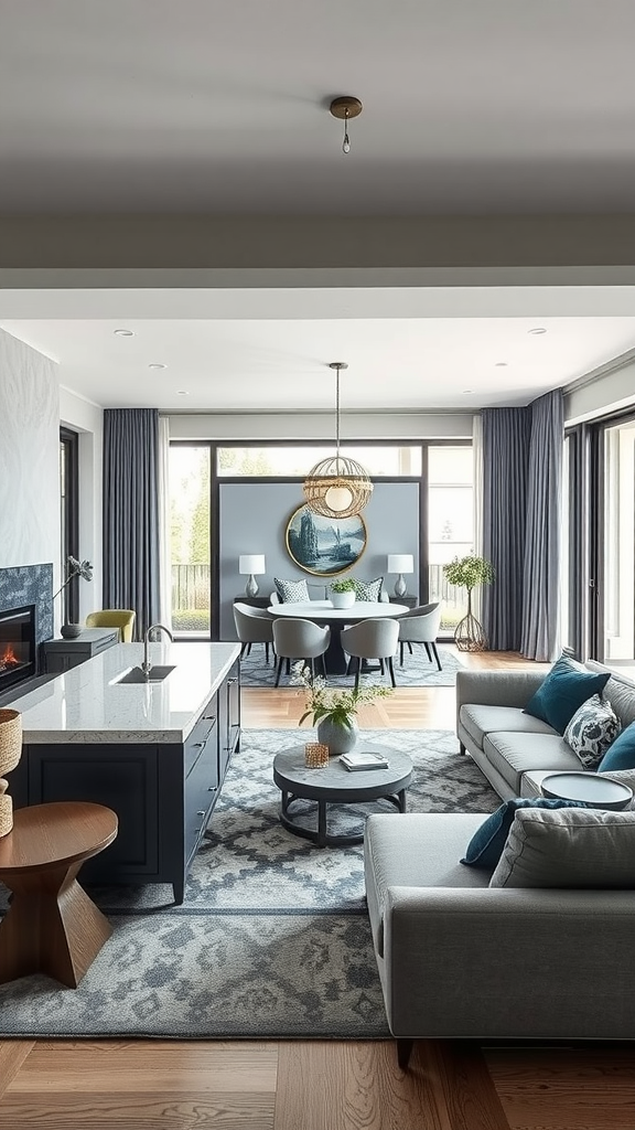 Open concept living space featuring blue and gray tones with a cozy atmosphere.