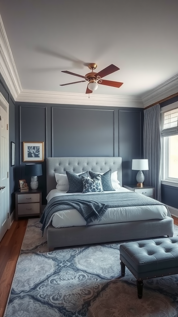 A stylish bedroom featuring blue gray design elements with a cozy bed and elegant decor.