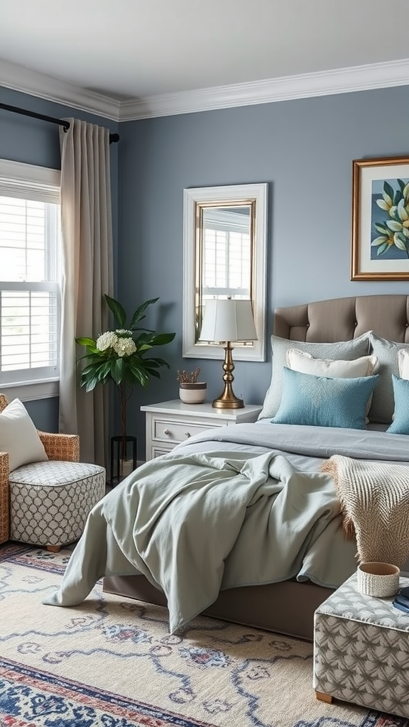 A cozy bedroom featuring blue-gray walls, soft bedding, and warm lighting.