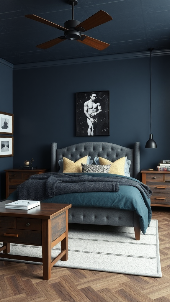 A masculine-styled bedroom featuring a blue-gray color scheme, a plush bed with decorative pillows, wooden furniture, and artwork.