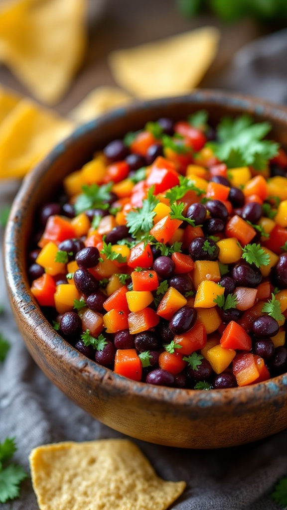 A bowl of colorful spicy black bean salsa with diced vegetables and tortilla chips on the side.

This is one of 57 cold party dips you can make ahead of time so you can relax and enjoy the party!  It's also a healthy appetizer that is a crowd pleaser dip!