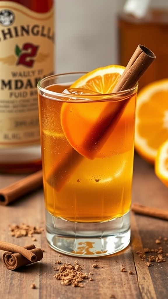 A cocktail glass filled with a Maple Cinnamon Old Fashioned, garnished with an orange slice and a cinnamon stick, with cinnamon sticks and orange slices in the background.