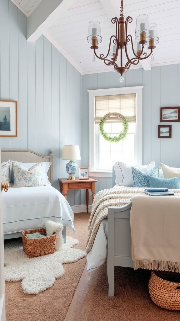 Cozy bedroom with blue-gray walls, two beds, and warm decor elements.