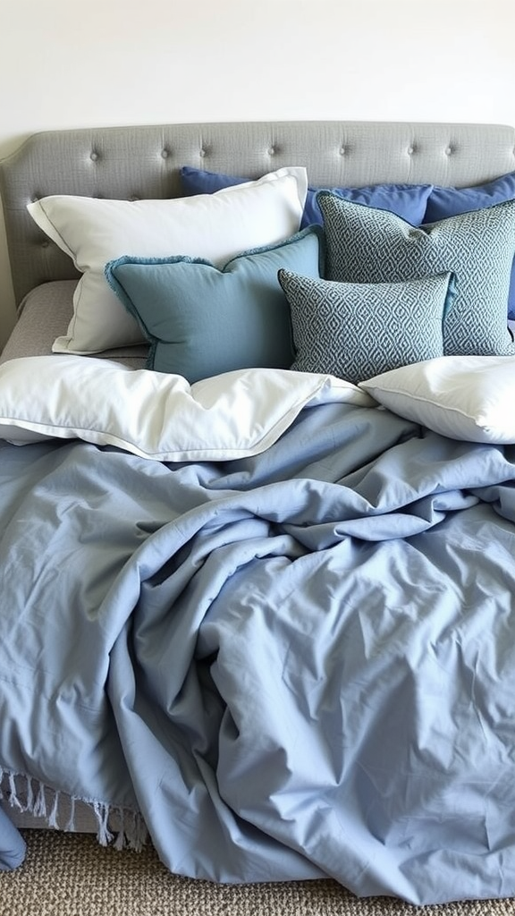 A bed with layered blue and gray textiles, featuring various pillows and a soft blanket.