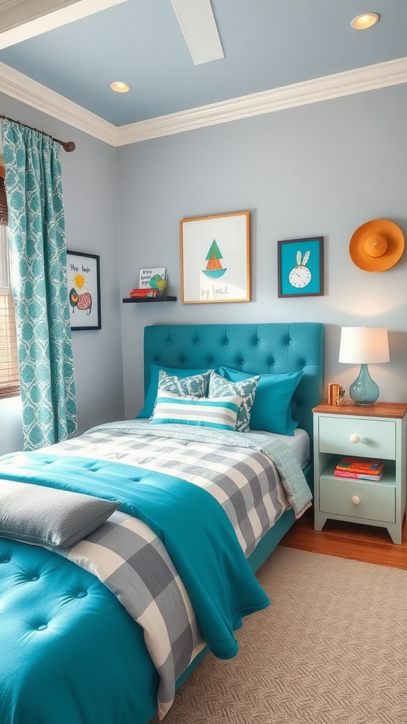 A cozy bedroom featuring blue and gray decor, a comfy bed with patterned bedding, and cheerful wall art.