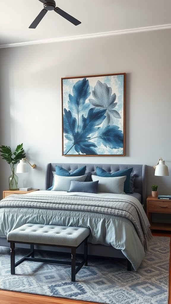 A blue gray bedroom featuring a bed with various pillows, a bench, and bold floral artwork on the wall.