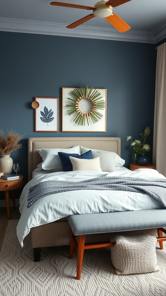 A cozy bedroom featuring blue-gray decor with stylish bedding and wall art.