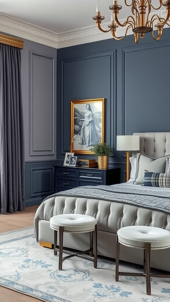 A stylish bedroom with blue-gray walls, gray bedding, and elegant decor.