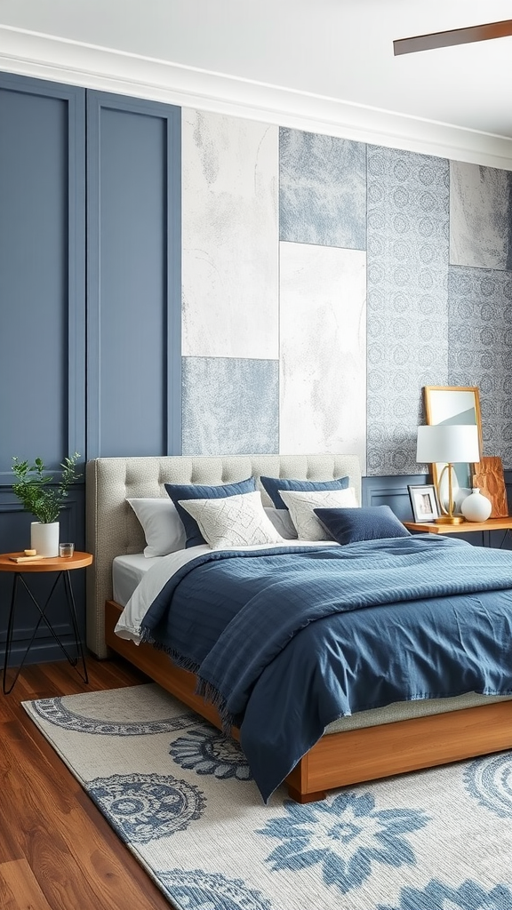 A stylish bedroom featuring textured blue gray wall treatments, a cozy bed with navy bedding, and a wooden nightstand.