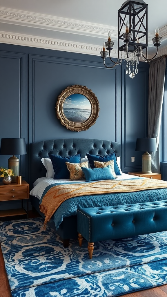 A stylish bedroom showcasing blue-gray and jewel tones with elegant decor.

For more bedroom design inspiration, check out this article: 
 50+ Shades of Blue Gray Bedroom Design Ideas.