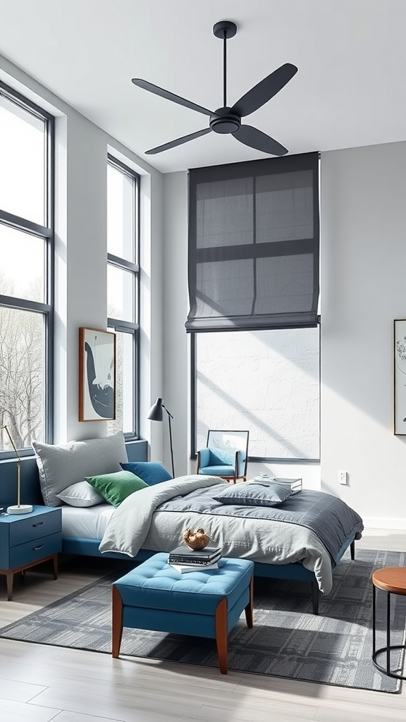 A modern bedroom featuring blue and gray accents with large windows and minimalist decor.