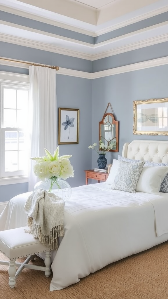 Cozy bedroom featuring soft blue gray walls, white bedding, and tasteful decor.