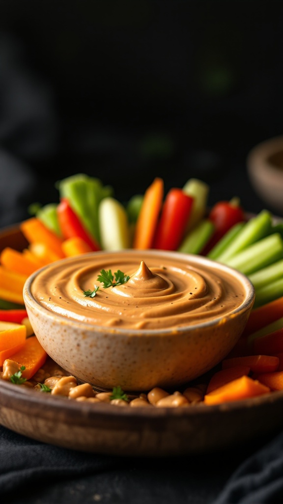 A bowl of Thai peanut sauce surrounded by colorful sliced vegetables