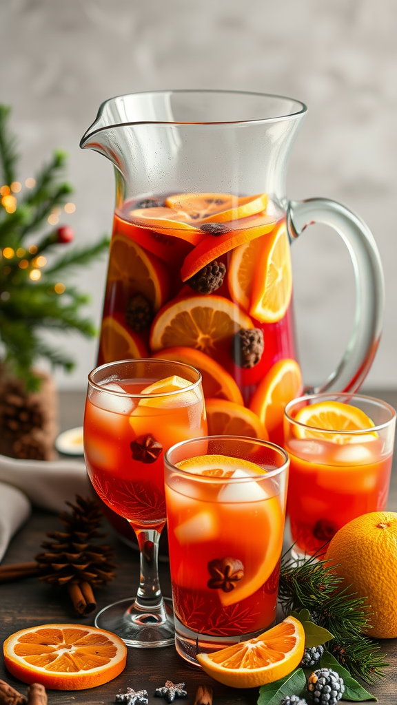 A pitcher of winter sangria with citrus slices and spices, surrounded by festive decorations.