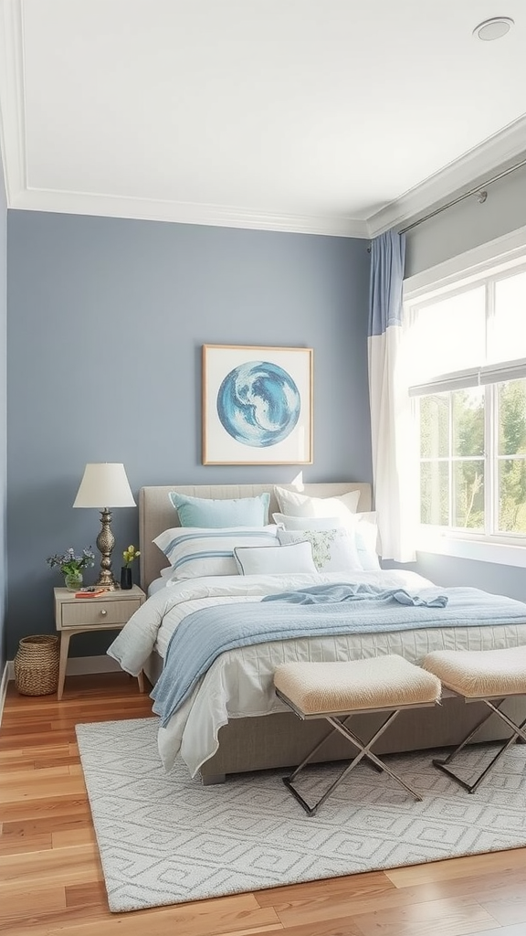 A cozy bedroom with blue-gray walls, pastel bedding, and a warm wooden floor.