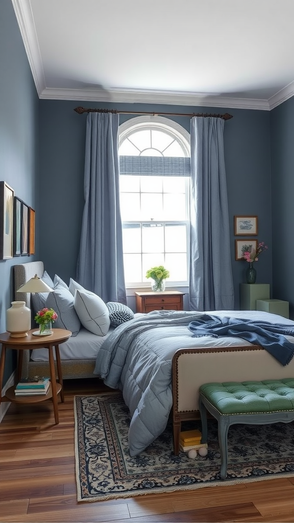 A cozy bedroom featuring blue-gray walls, soft bedding, and warm wooden flooring.