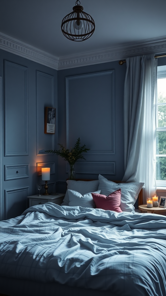 A modern bedroom featuring a blue-gray color scheme with a cozy bed, a wooden dresser, and natural light.