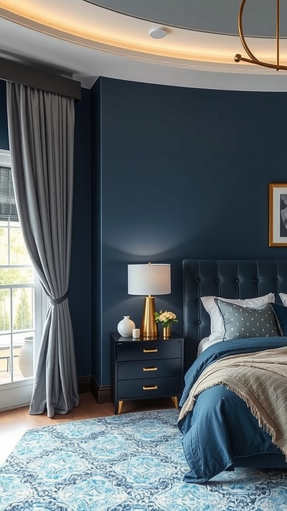 A bedroom featuring blue gray walls, metallic accents, and cozy decor.