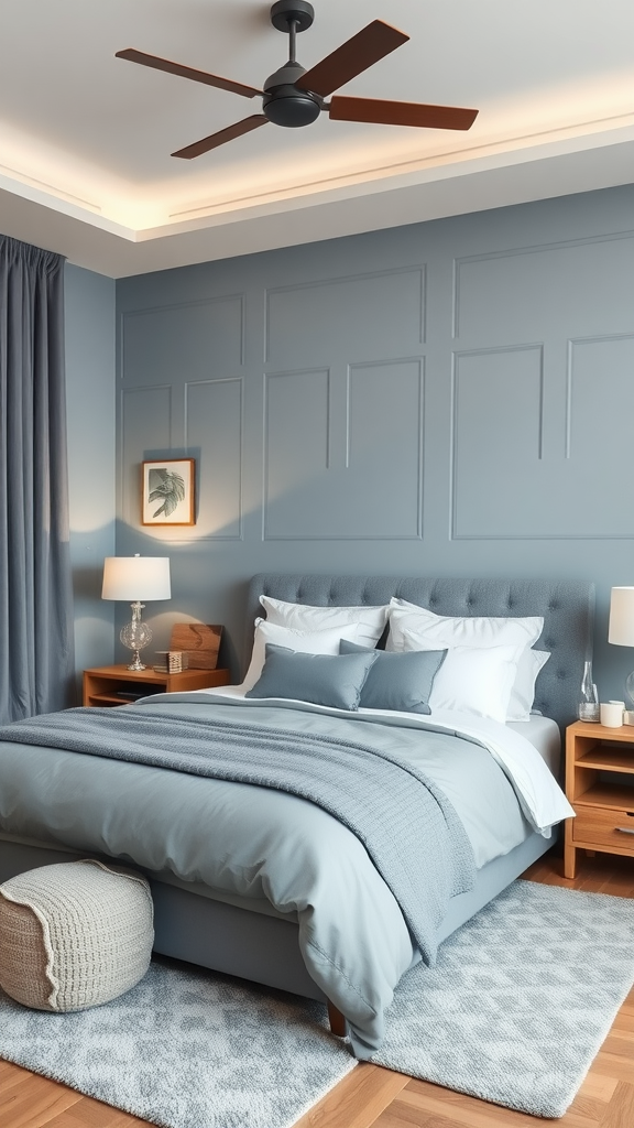 A serene bedroom featuring blue-gray walls, a comfortable bed with soft bedding, and warm lighting, creating a relaxing atmosphere.