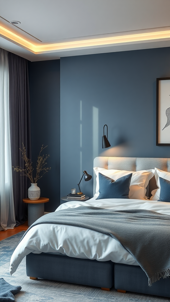 Cozy blue gray bedroom with layered lighting, featuring bedside lamps and warm ceiling lights.