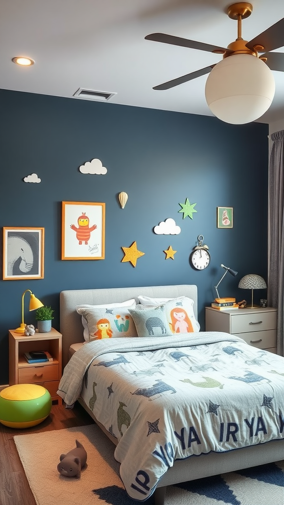 A cozy playroom with blue-gray walls, playful decor, and a comfortable bed.