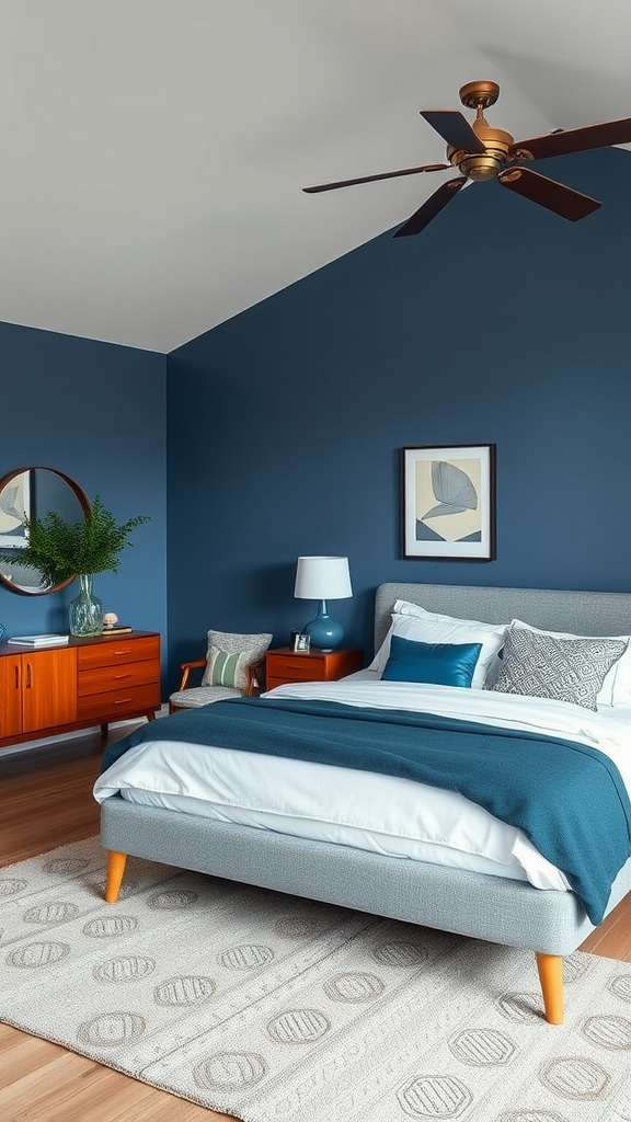 A stylish bedroom featuring blue-gray walls, a comfortable bed with colorful pillows, and modern furniture.