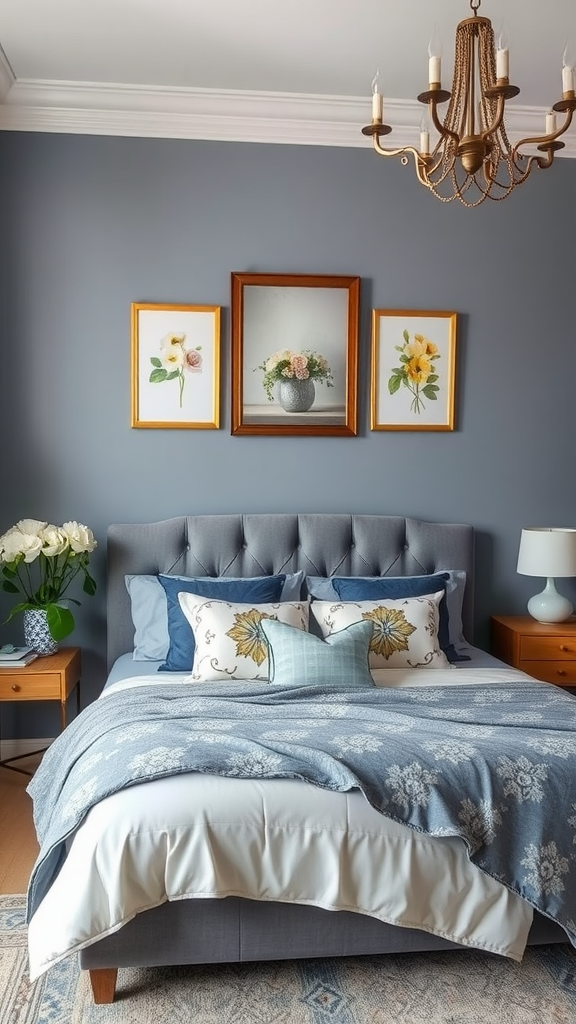 A cozy bedroom featuring blue gray walls, floral accent pillows, and framed flower artwork.