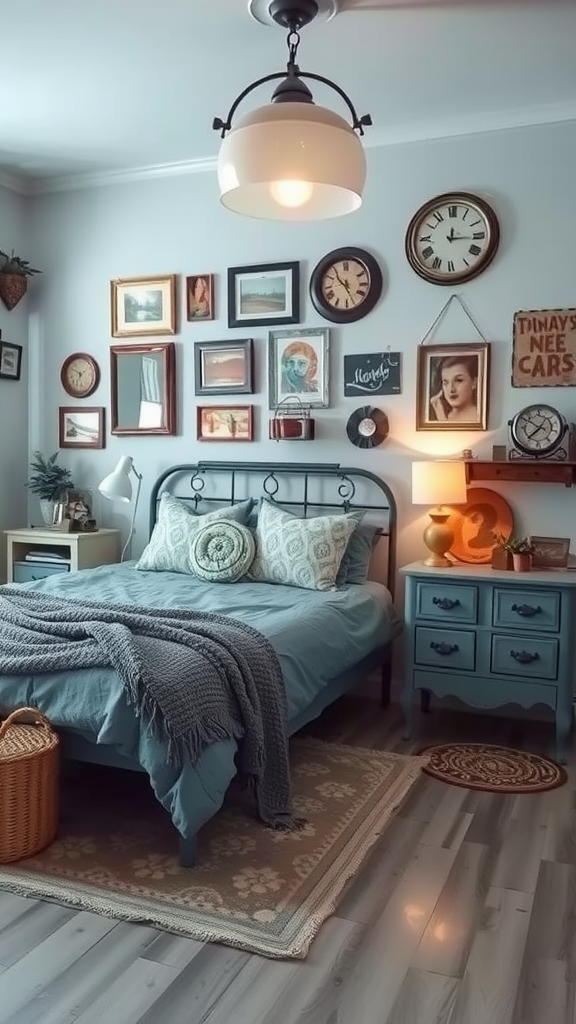 A cozy bedroom featuring a blue-gray theme with vintage decor including framed art and a charming lamp.