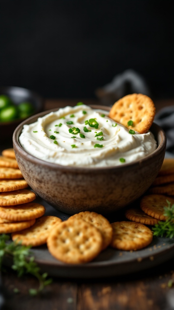 A bowl of spicy jalapeño cream cheese dip surrounded by crackers, garnished with jalapeño slices and a drizzle of yellow sauce.