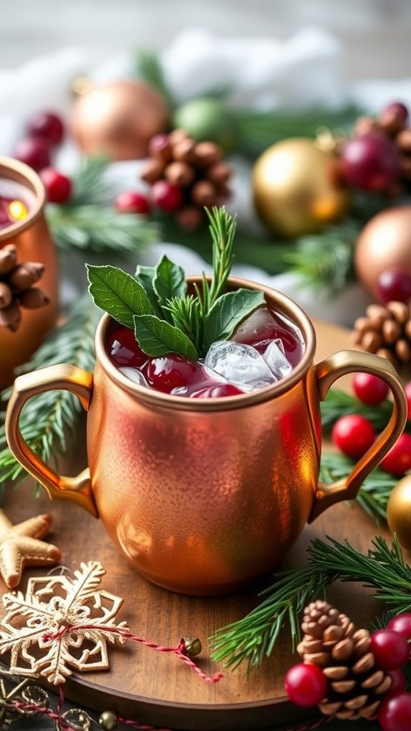 A spiced cranberry mule cocktail garnished with mint and served in a copper mug, surrounded by holiday decorations.