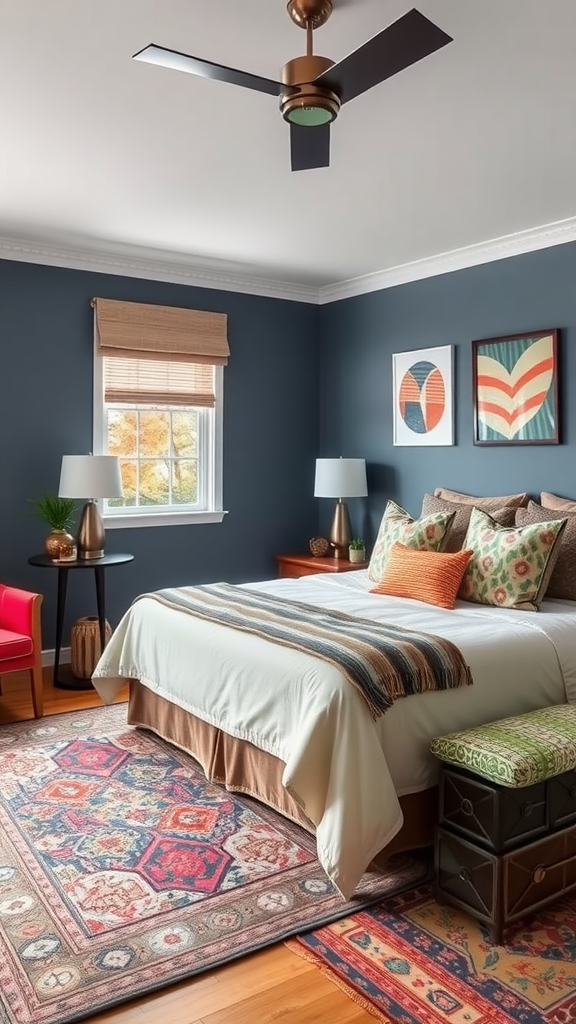 A stylish bedroom featuring blue-gray walls, colorful patterned rugs, and a cozy bed.