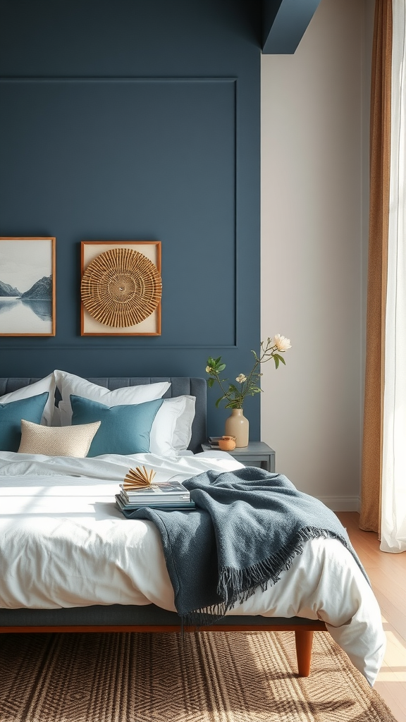 A cozy bedroom with blue-gray walls, earthy tones, and a neatly made bed.