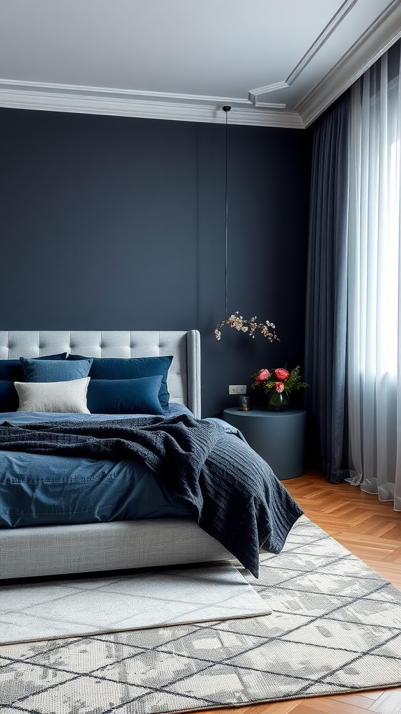 A modern bedroom with a blue and gray color scheme, featuring a cozy bed, decorative pillows, and elegant curtains.