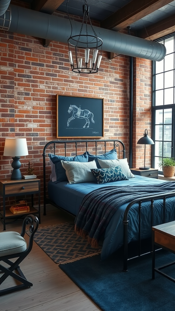 A stylish industrial loft bedroom featuring blue and gray tones, with an exposed brick wall, modern furnishings, and cozy decor.