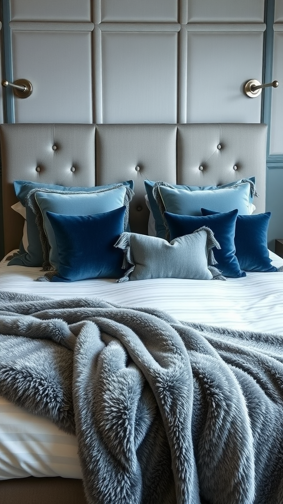 A cozy bedroom featuring a bed with various blue gray velvet pillows and a soft gray throw blanket.