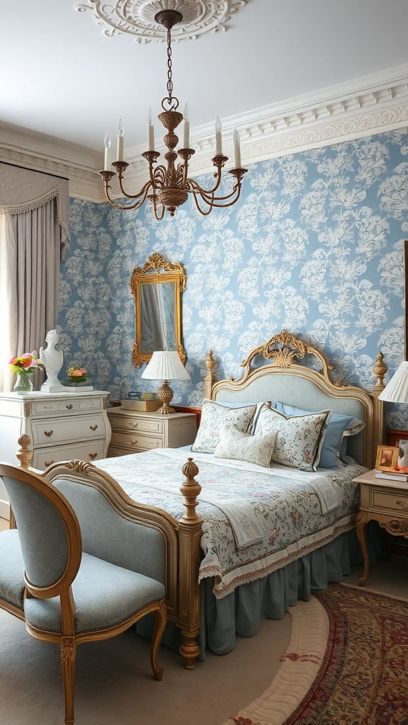 A vintage styled bedroom featuring blue-gray wallpaper, an ornate bed, and elegant furnishings.

Victorian style bedroom in soft blue, light blue wallpaper ideas, soft blue bedding, blue floral bedrooms.