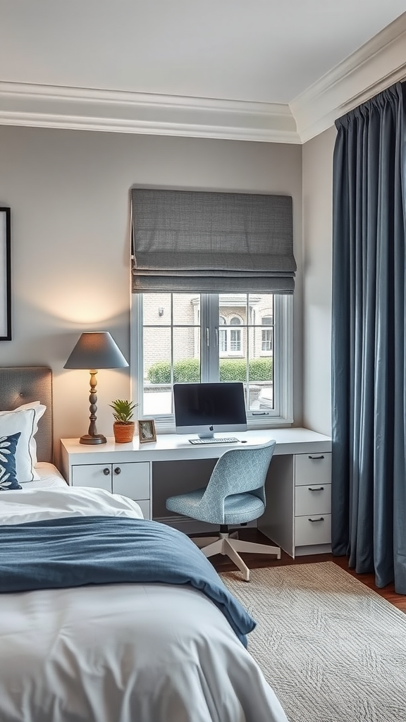 A stylish home office featuring a desk, chair, and decorative items in blue and gray tones