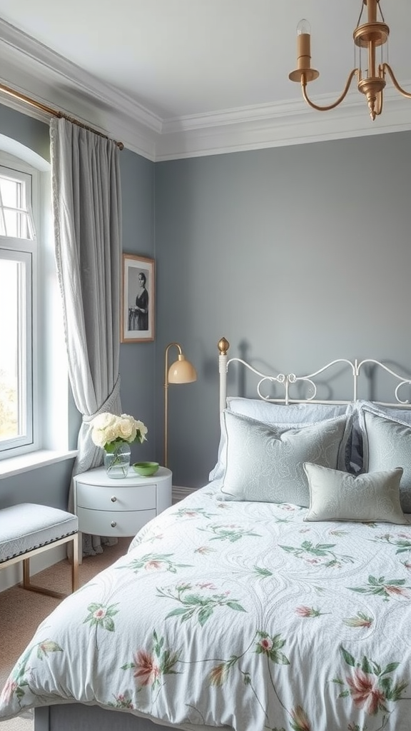 Cozy bedroom with blue-gray walls, floral bedding, and gold accents.