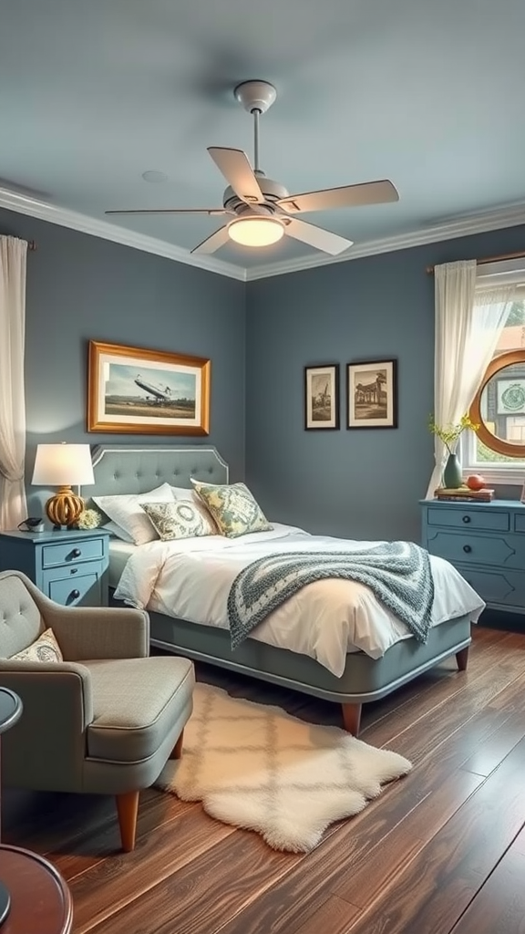 A cozy retro bedroom with blue gray walls, a comfortable bed, and vintage decor.