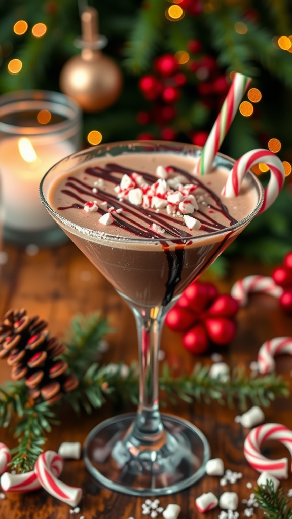 Festive chocolate peppermint martini with candy cane garnish and holiday decorations.