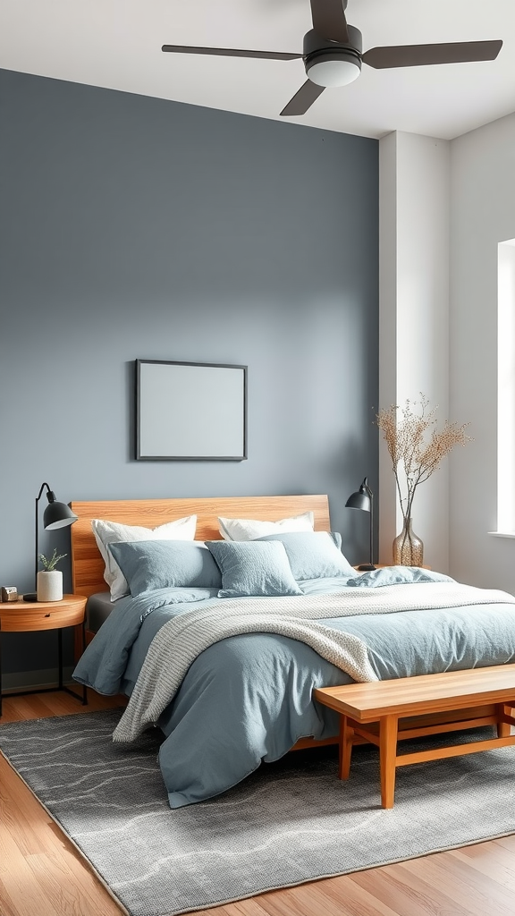 A cozy bedroom featuring blue-gray walls and natural wood furniture