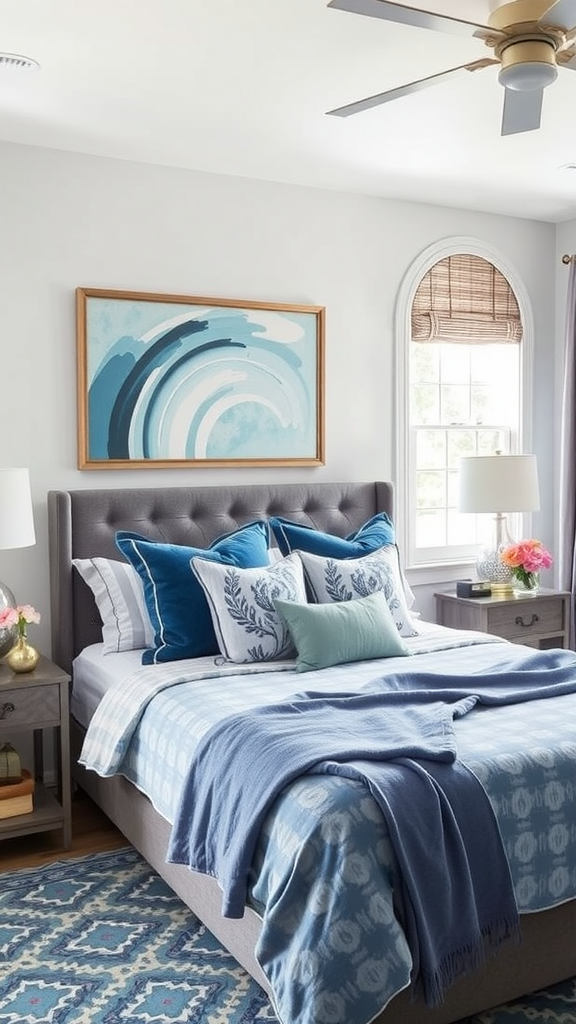 A stylish bedroom featuring a gray bed, blue and white bedding, decorative pillows, and an abstract painting on the wall.