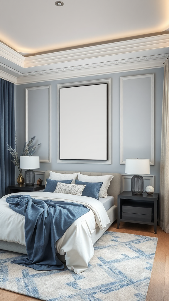 Cozy bedroom with blue, gray, and cream color scheme